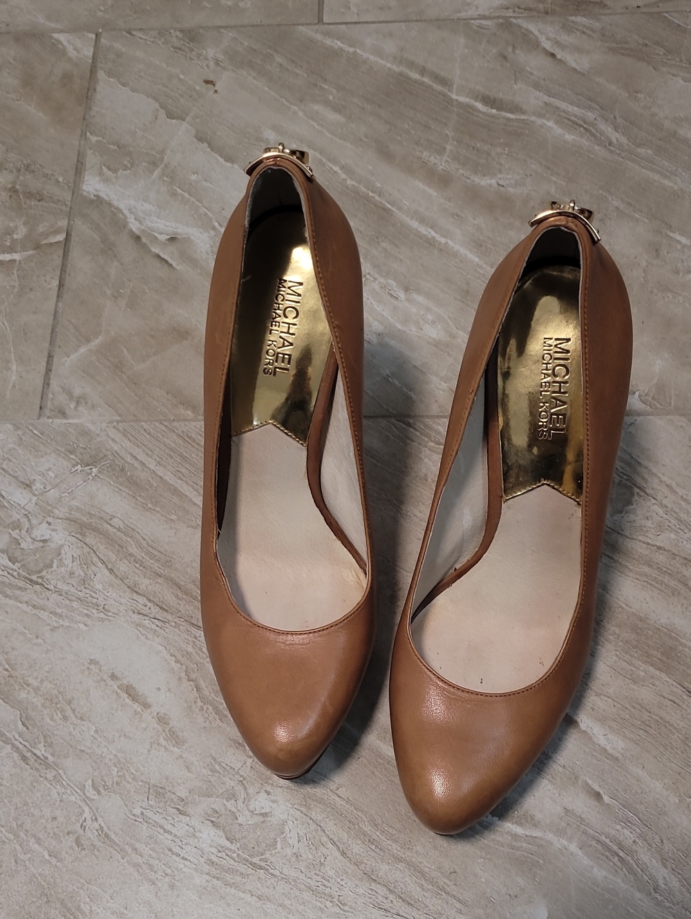 Michael Kors Chestnut Leather Pointed Toe Pumps with Gold Accent